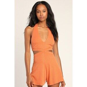 Lulus Delightful Day Off Orange Backless Halter Romper - Size L